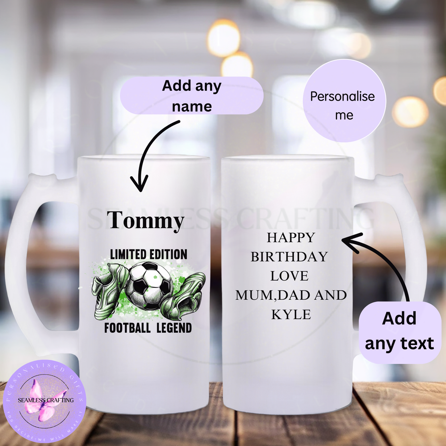 Personalised 16 oz frosted glass tankard with football legend design, custom name and personalised message on the back, available in green, red or blue design colour.