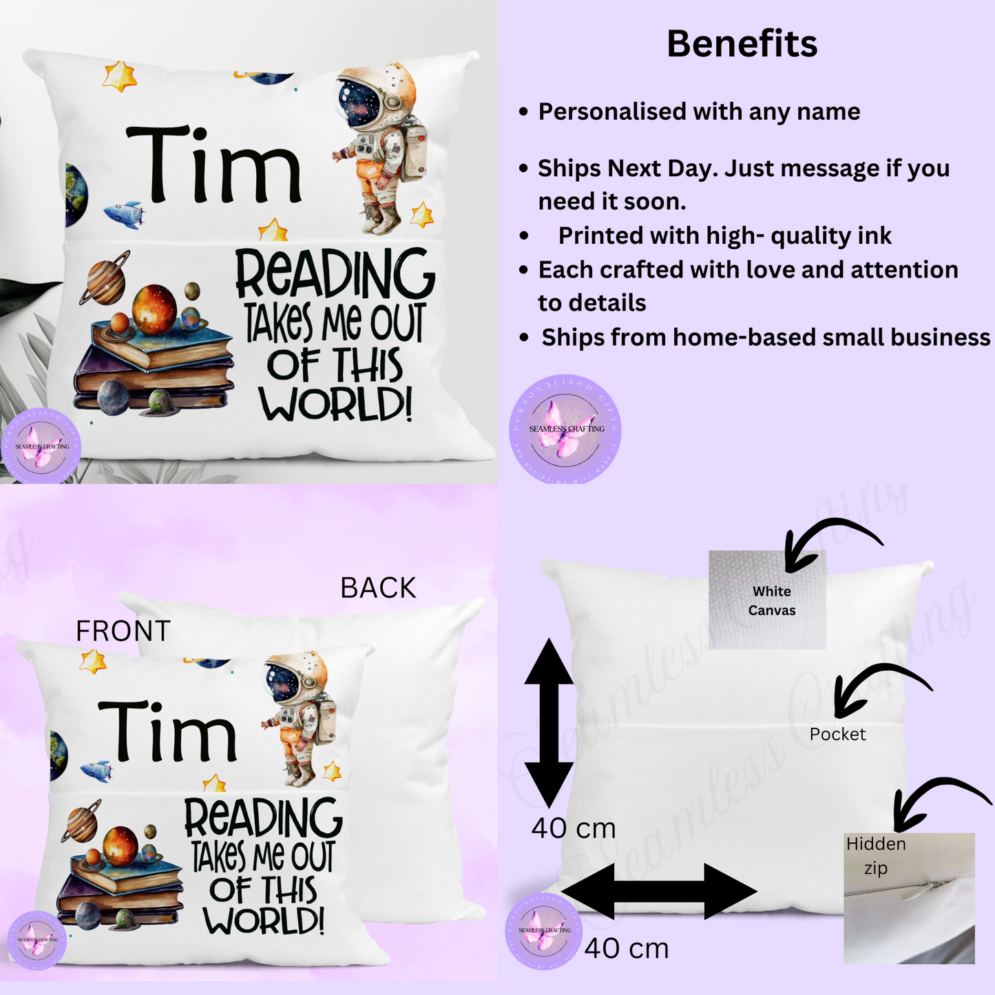 Personalised Space Reading Cushion – Boys & Girls Astronaut Book Pillow with Pocket | Custom Name Galaxy Gift (40cm)