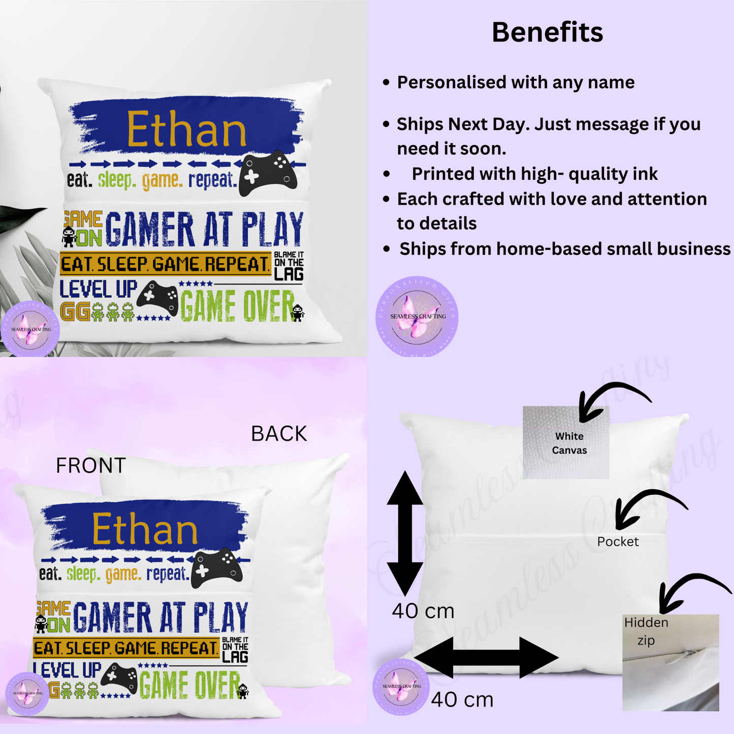 Personalised Gamer Reading Cushion – Custom Name Gaming Pillow with Book Pocket | Boys Gaming Room Gift (40cm)