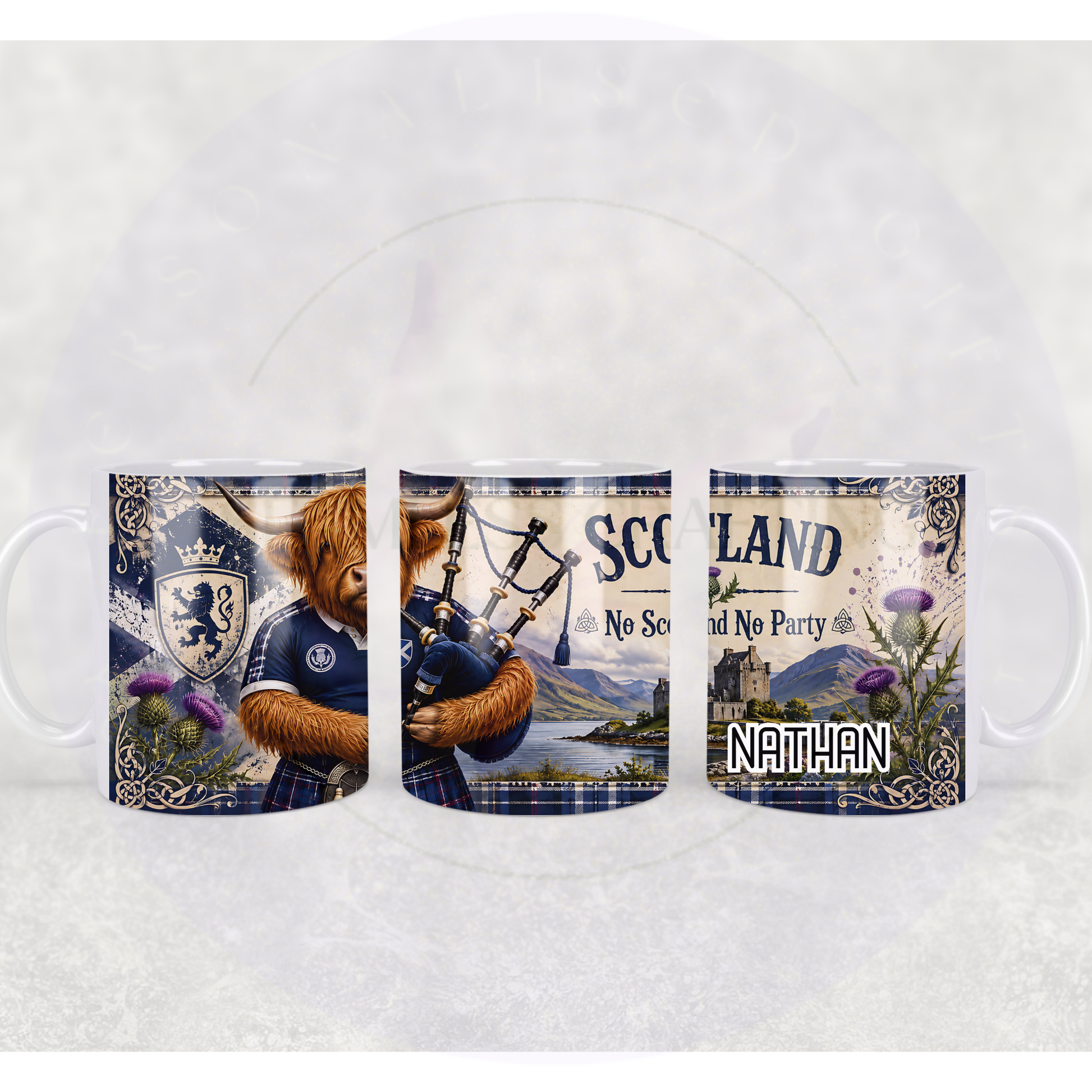 Personalised Scotland supporter mug with tartan and bagpipes artwork
