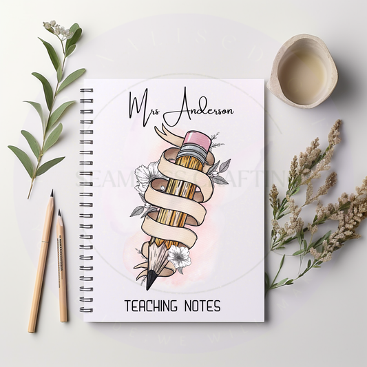 Personalised teacher notebook with pencil illustration and custom name on white cover
