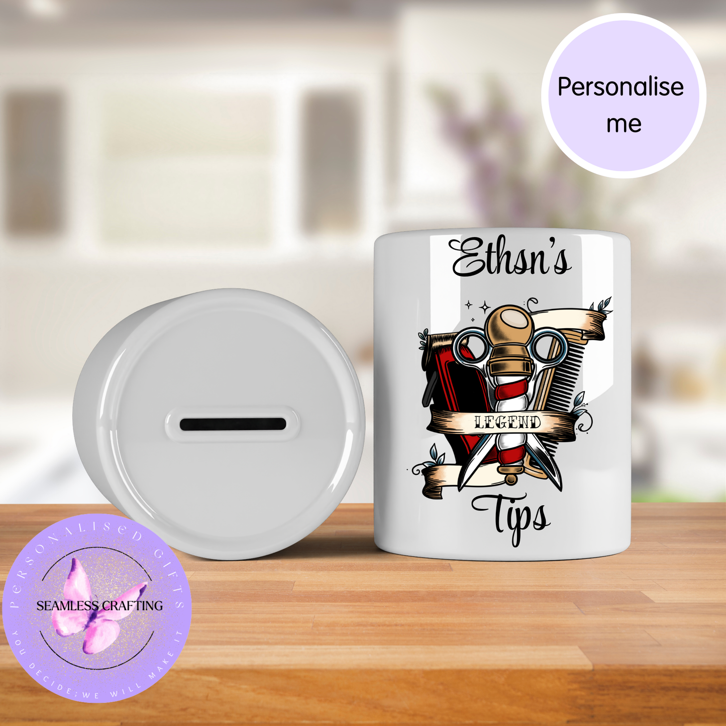 Personalised Barber Tips Jar – Custom Name Hairdresser Tip Jar – Barber Shop Counter Money Pot – Barber Gift