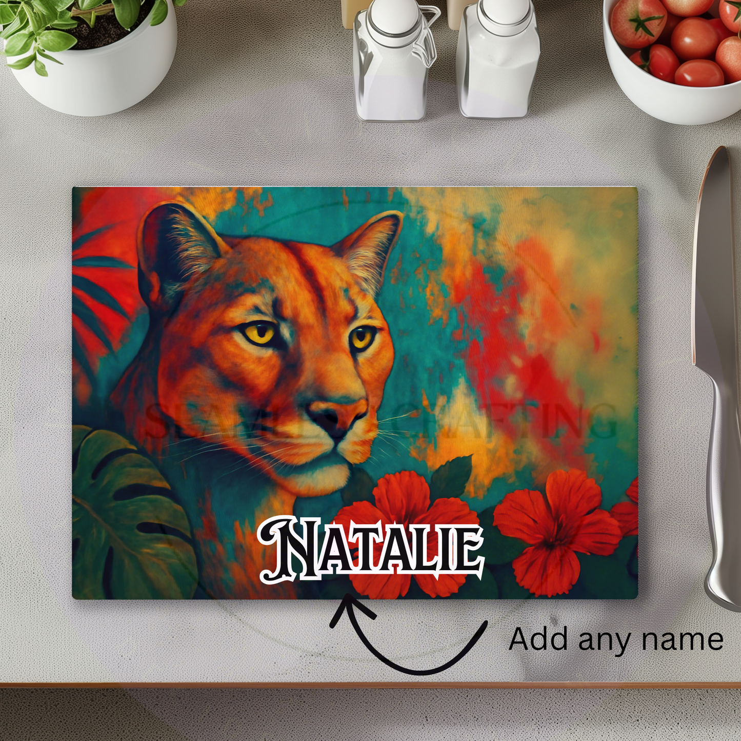Personalised Lioness Glass Chopping Board Custom Name Worktop Saver Tempered Glass Kitchen Gift Wildlife Design