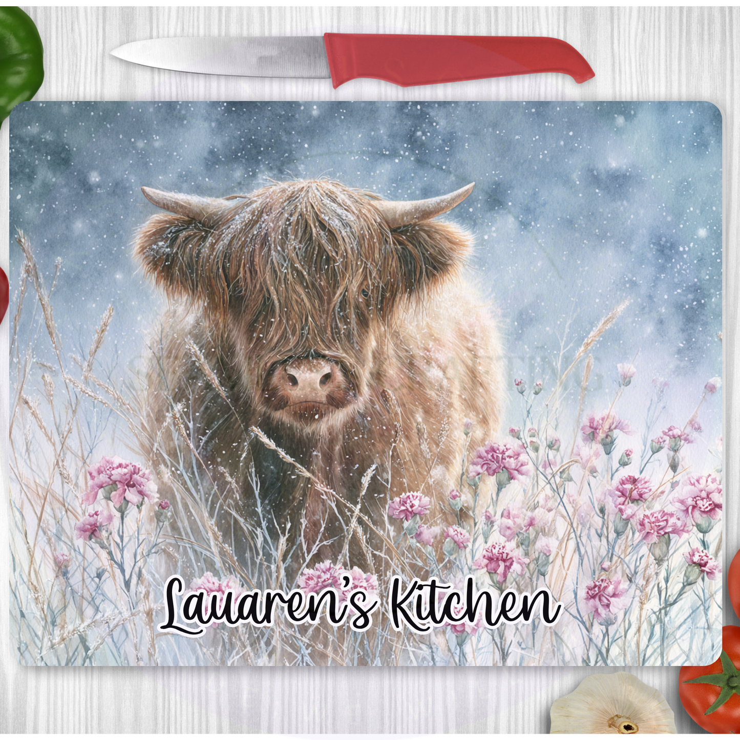 custom name highland cow glass cutting board farmhouse kitchen