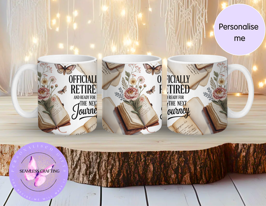 Personalised retirement mug with name featuring vintage books and butterflies – officially retired gift mug
