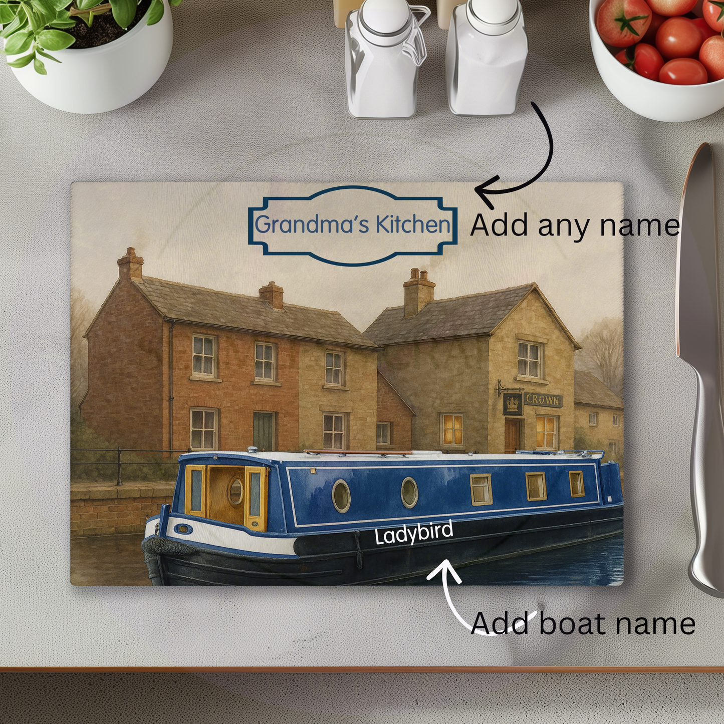 Personalised narrowboat glass chopping board with custom kitchen and boat name
