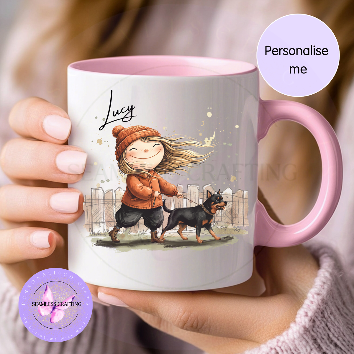 Personalised Dog Walker Mug – Girl Character & Dog Choice