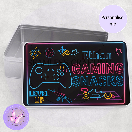 Gaming snacks tin personalised for grandad filled with snacks on gaming desk