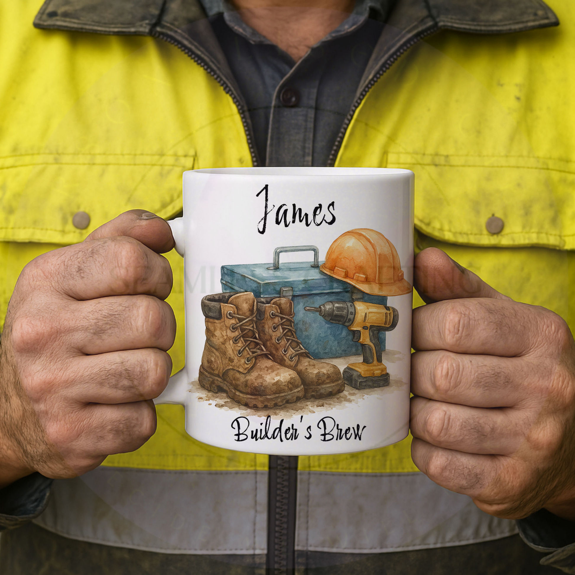 personalised builder mug with name boots toolbox hard hat drill design
