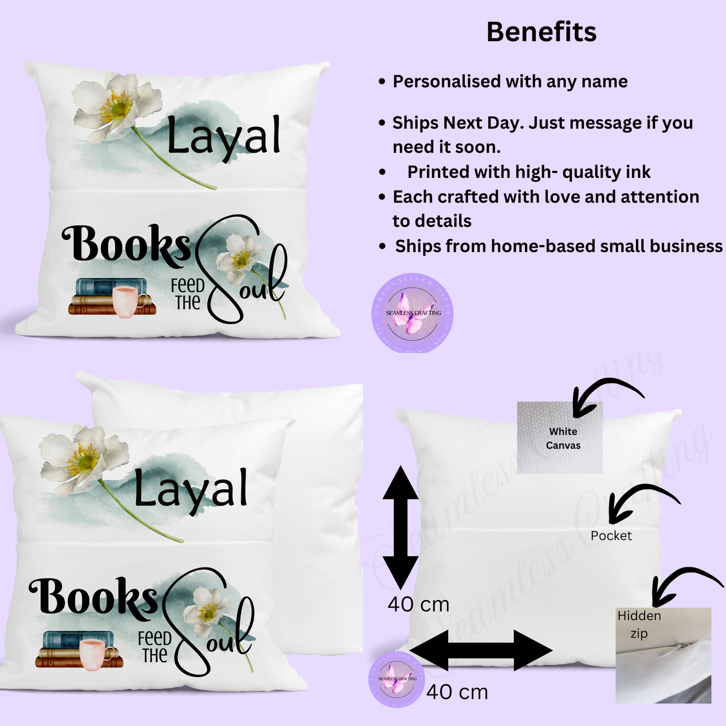 Personalised “Books Feed the Soul” Reading Cushion – Custom Name Book Lover Pillow with Pocket | Floral Literary Gift (40cm)