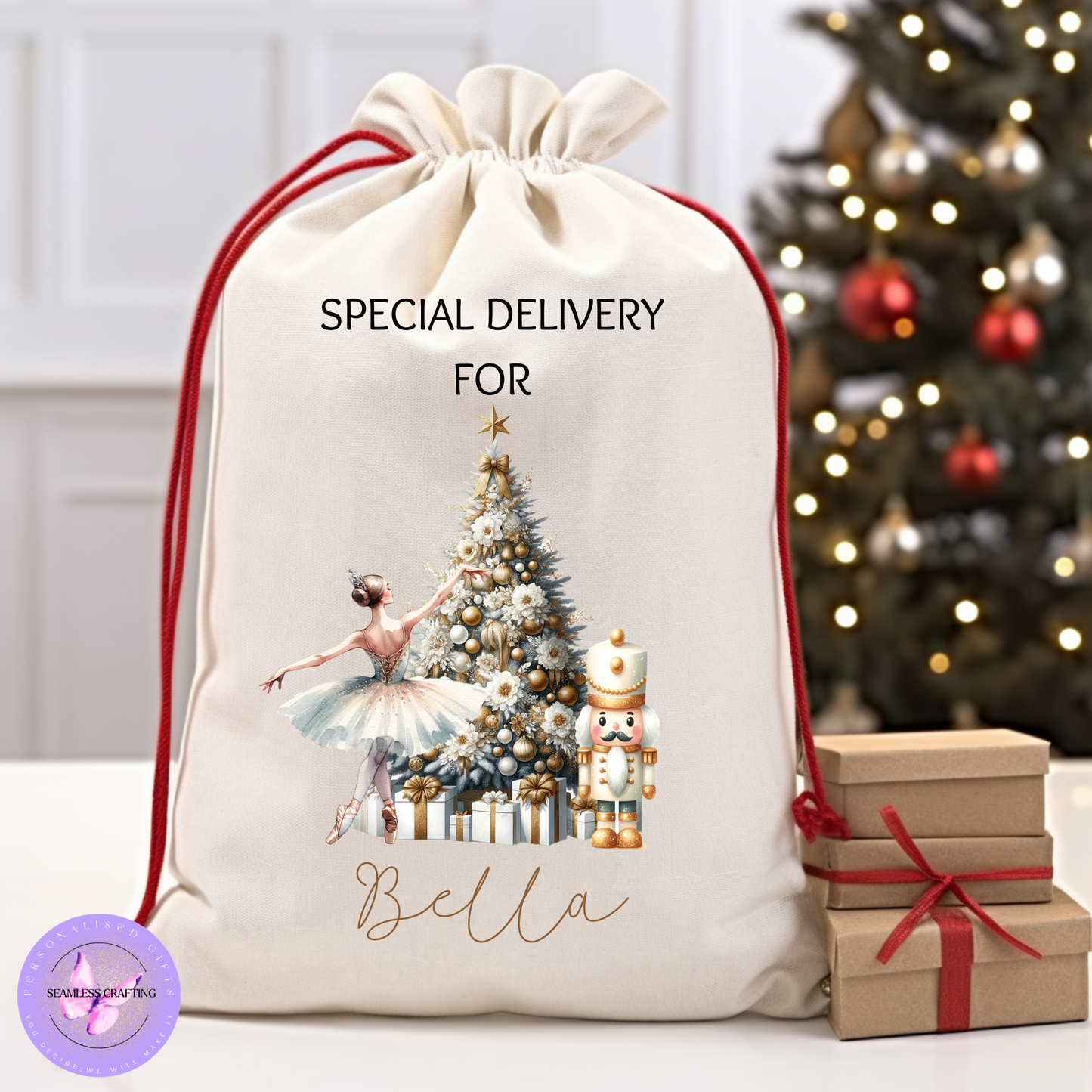 Personalised Christmas Santa Sack – Nutcracker Ballet Gift Bag | 3 Designs in Blue, Gold, Pink | Large & Small Sizes