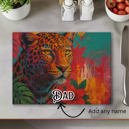 personalised leopard glass chopping board with name custom kitchen gift