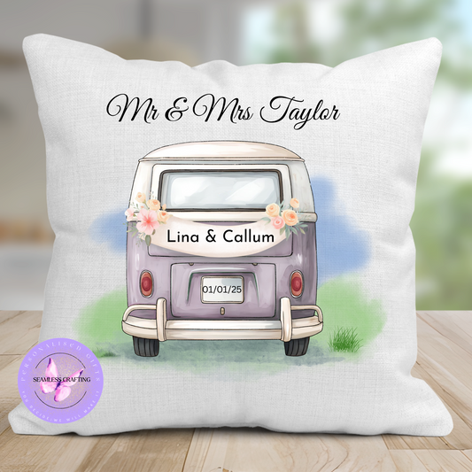 Personalised Vintage Wedding Cushion – Campervan Design, Mr & Mrs Gift, Custom Name & Date Linen Pillow (40cm)