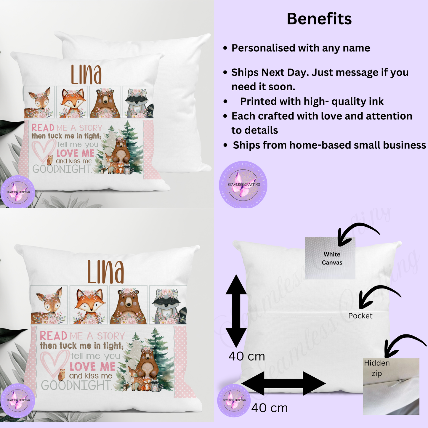 Personalised Woodland Animal Reading Cushion – Girls Custom Name Book Pillow with Pocket | Forest Animal Nursery Gift (40cm)