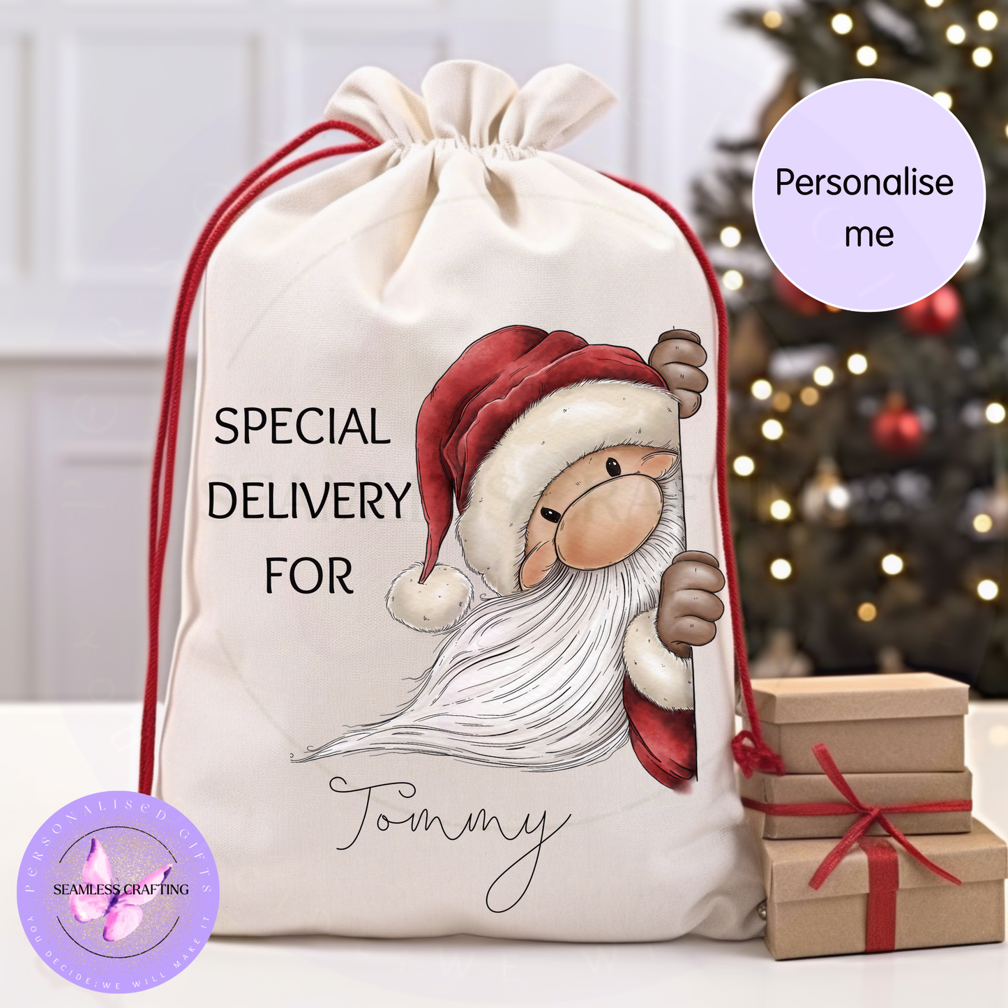 Personalised Santa sack with peeking Santa design, Special Delivery wording and custom name