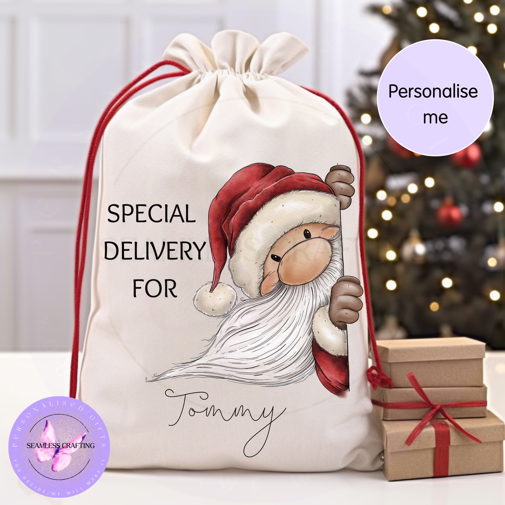 Personalised Santa sack with peeking Santa design, Special Delivery wording and custom name