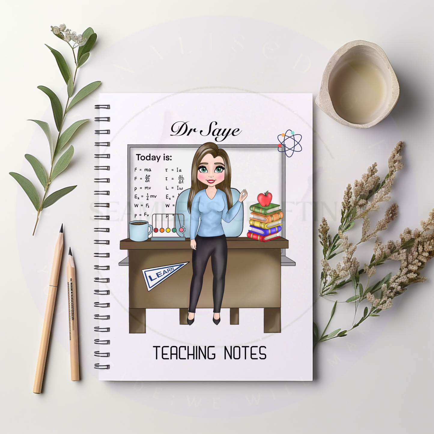 Personalised teacher notebook with classroom illustration and custom teacher name