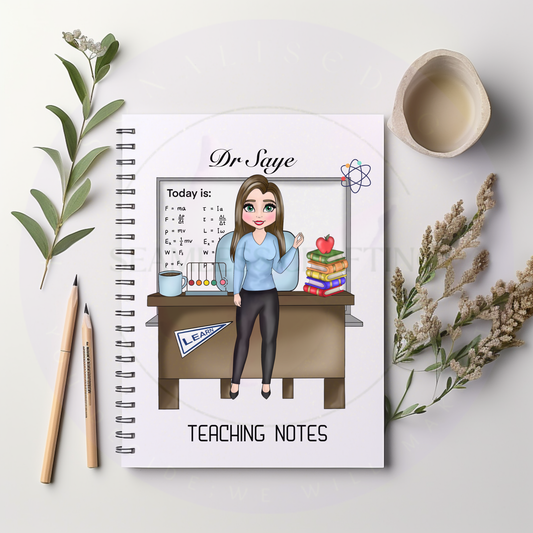 Personalised teacher notebook with classroom illustration and custom teacher name