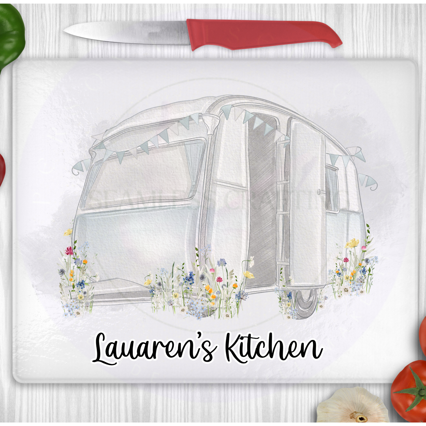 Custom caravan glass chopping board with wildflowers, personalised kitchen decor worktop saver