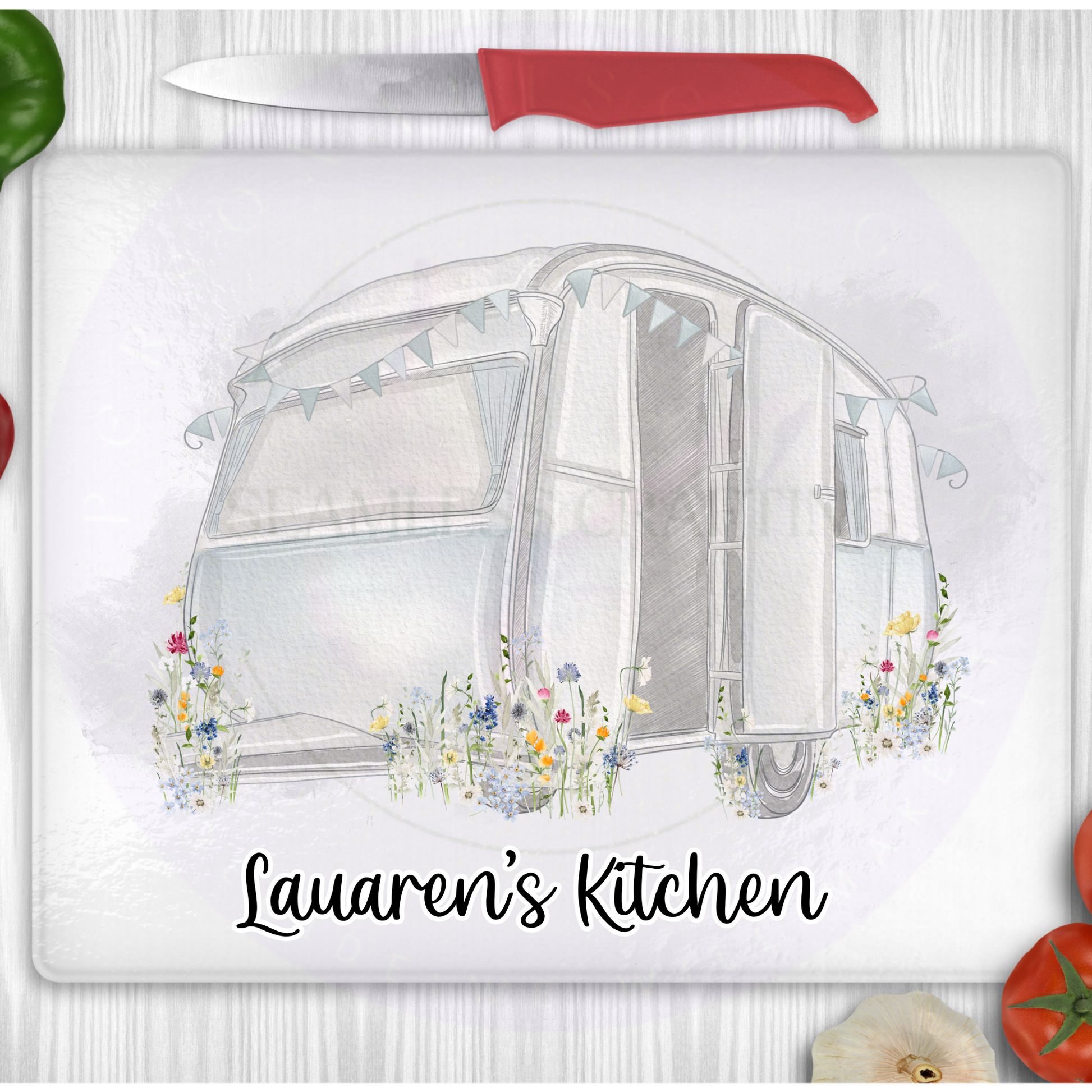 Custom caravan glass chopping board with wildflowers, personalised kitchen decor worktop saver