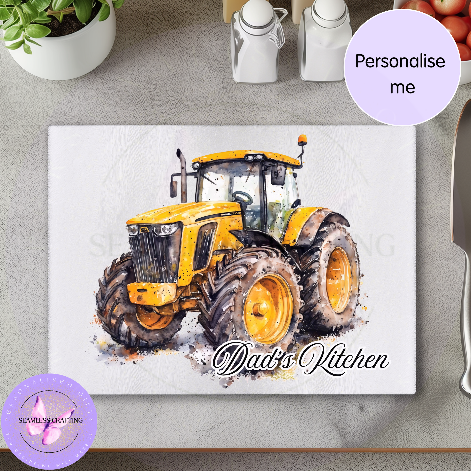 Personalised red tractor glass chopping board with the text Lara's Kitchen displayed in a kitchen setting