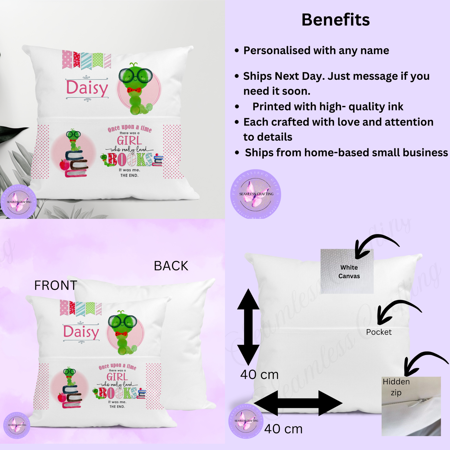 Personalised Bookworm Reading Cushion – Girl’s Custom Name Pillow with Book Pocket | Cute Caterpillar Book Lover Gift (40cm)