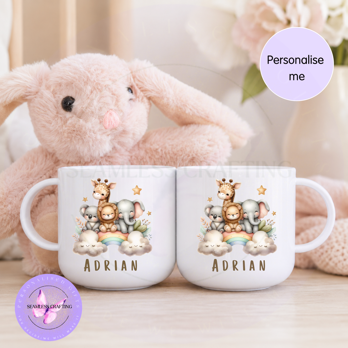 Personalised kids safari animal mugs with giraffe lion elephant koala rainbow and child's name