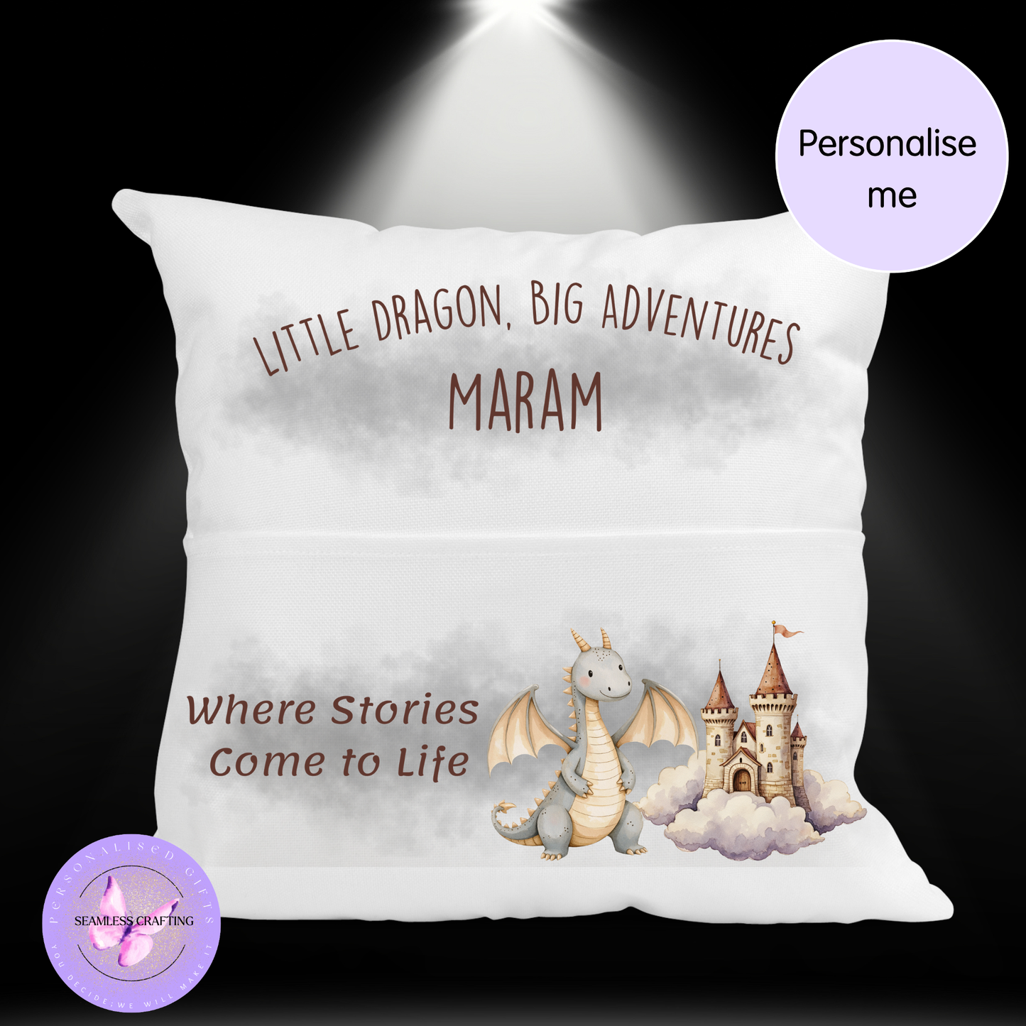 Personalised Dragon Reading Cushion with Pocket – Soft Velvet Book Pillow for Kids – Custom Name Gift