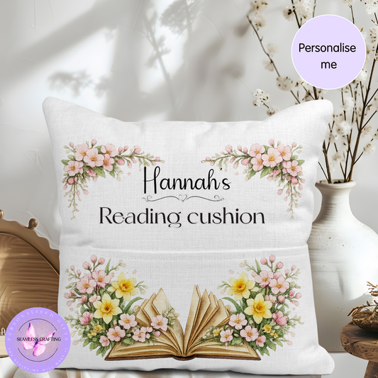 Personalised Birth Flower Reading Cushion with Pocket – Custom Name Book Pillow, Birth Month Flower Gift, Book Lover Cushion for Kids or Adults
