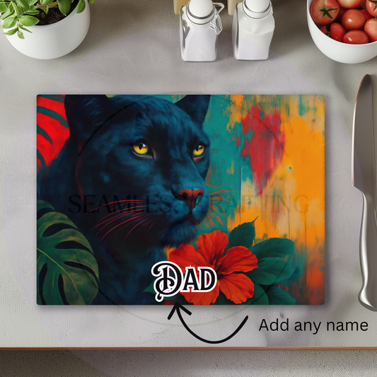 black panther personalised chopping board custom name glass worktop saver
