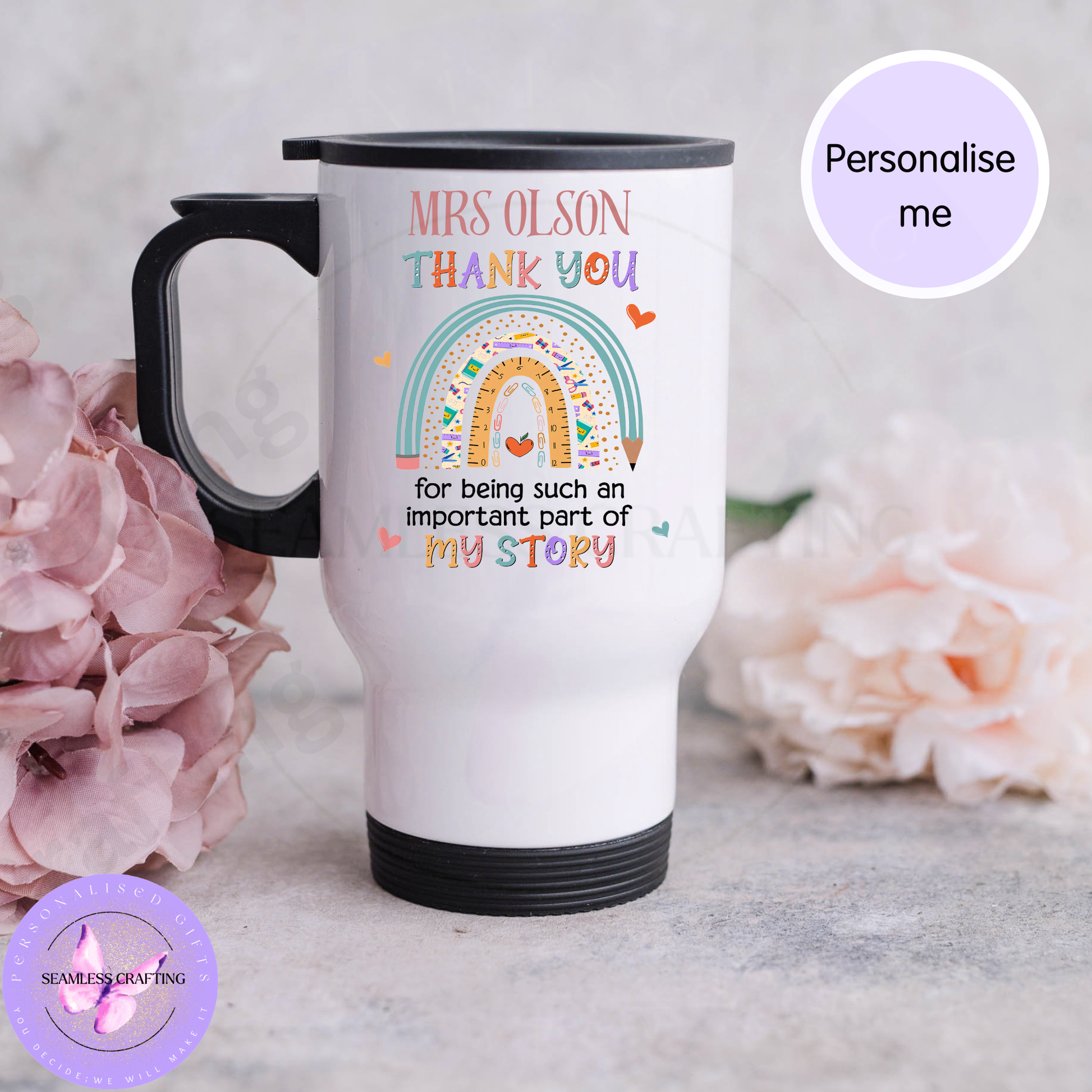 Personalised rainbow teacher travel mug with custom name and thank you message