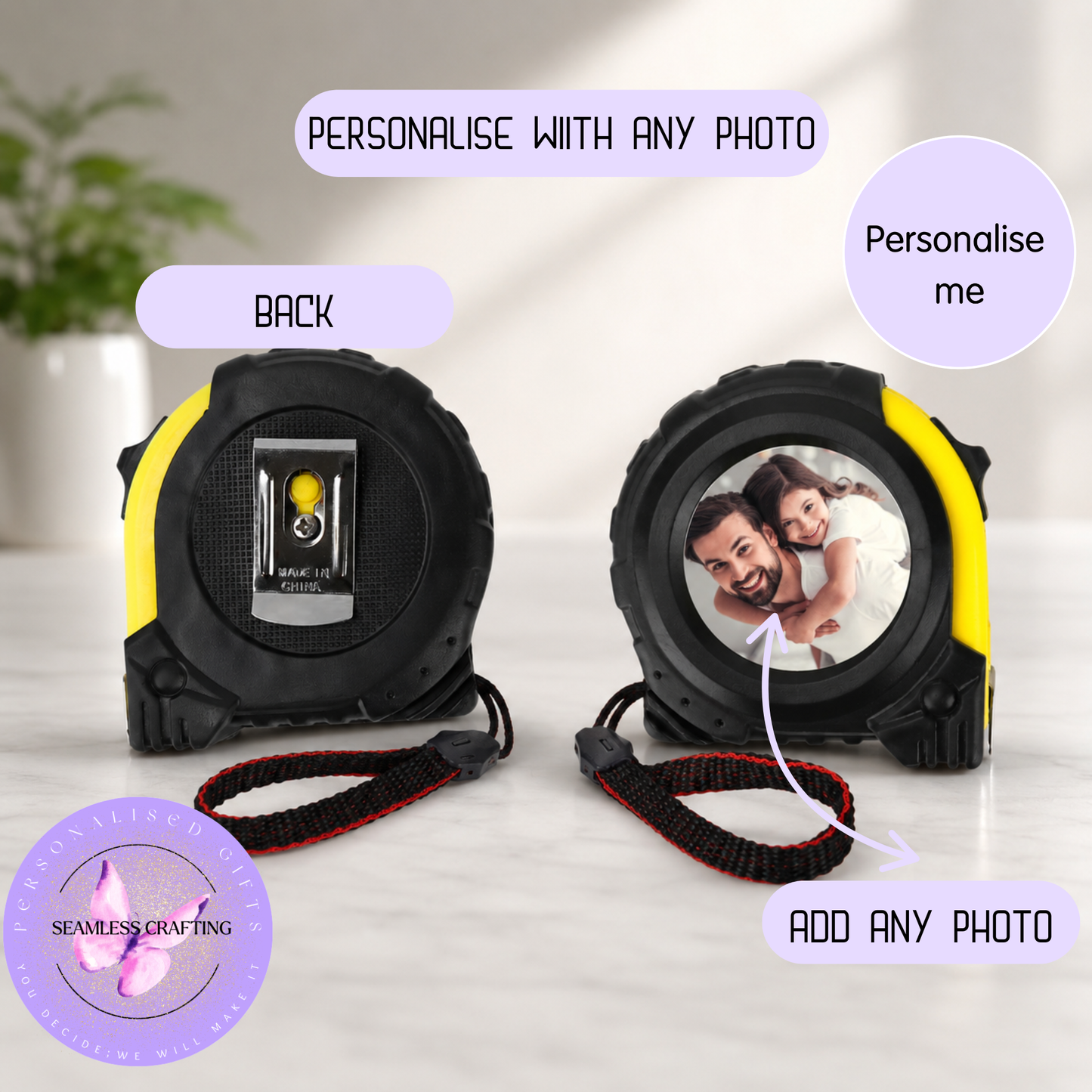Personalised photo tape measure gift with custom picture on front
