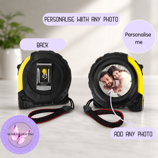 Personalised photo tape measure gift with custom picture on front
