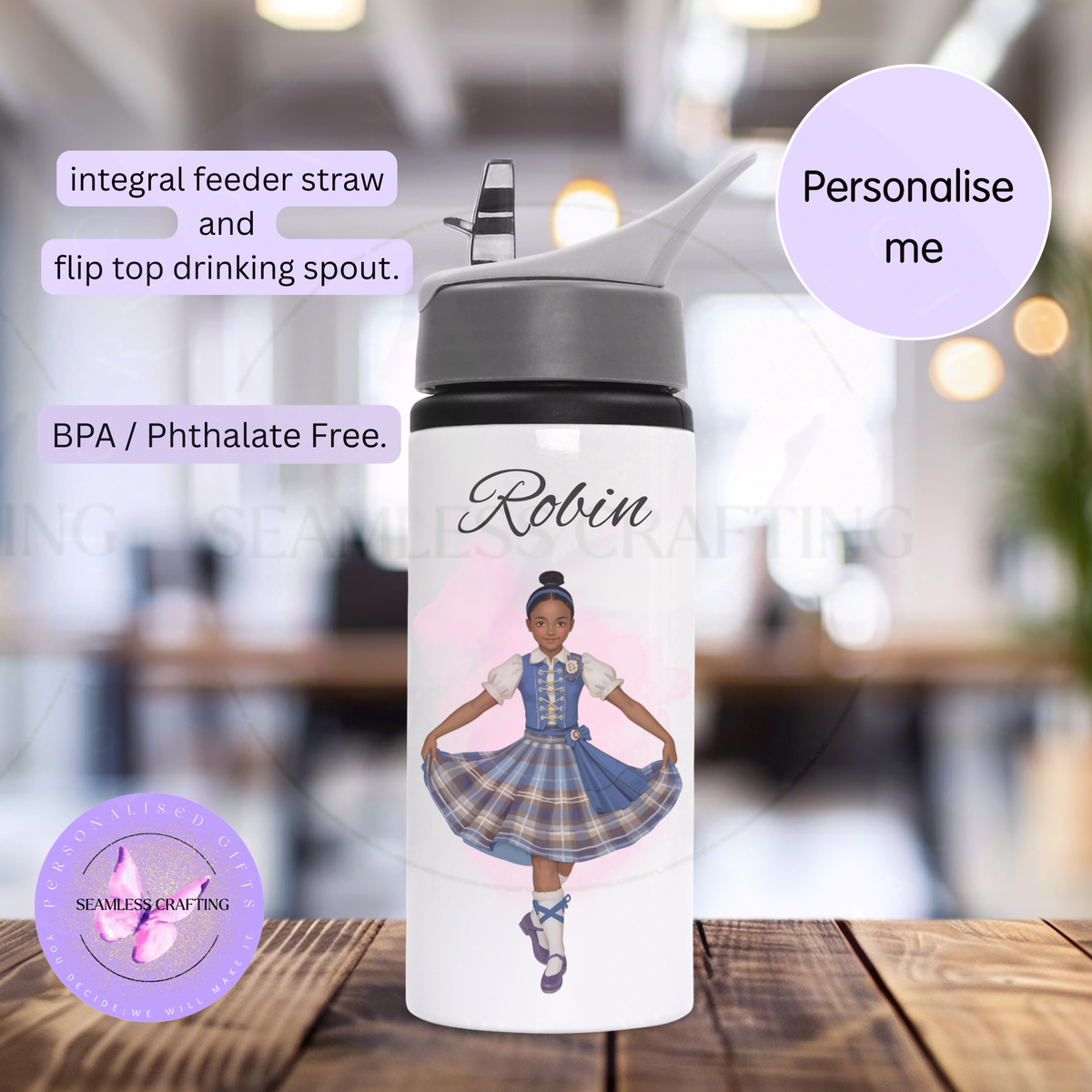 Personalised Bella Highland dancer bottle with a blue tartan skirt, fitted bodice and screw-cap lid