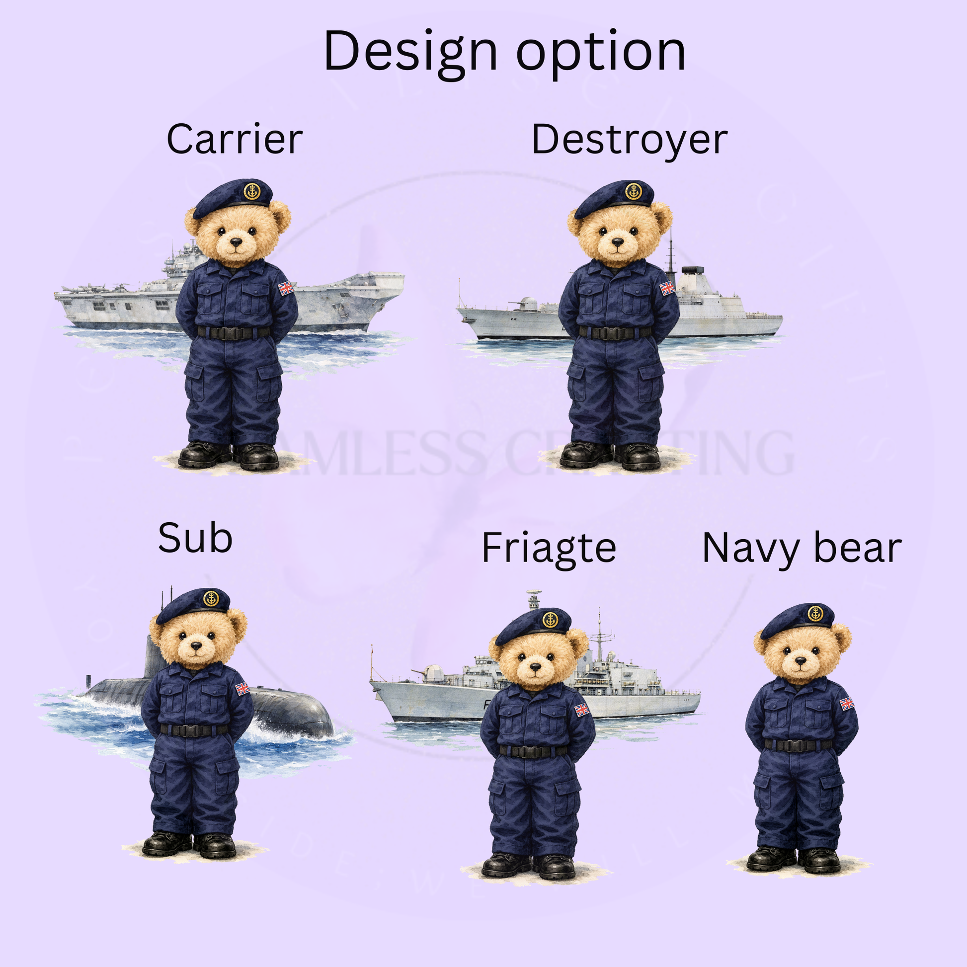 Design choice chart showing Royal Navy bear options including carrier, destroyer, sub, frigate and navy bear