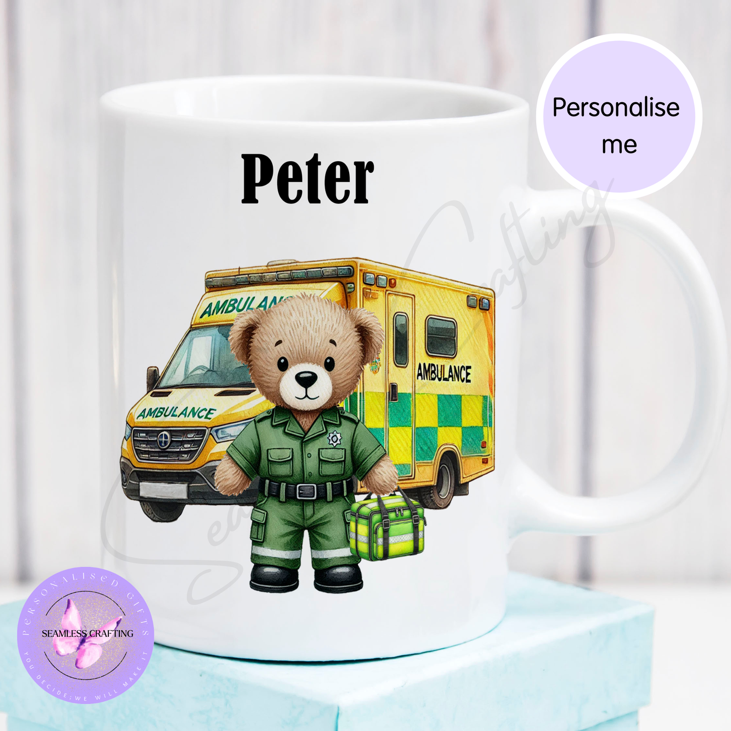 Personalised Paramedic Bear Mug or Travel Mug – Custom Name Ambulance Gift