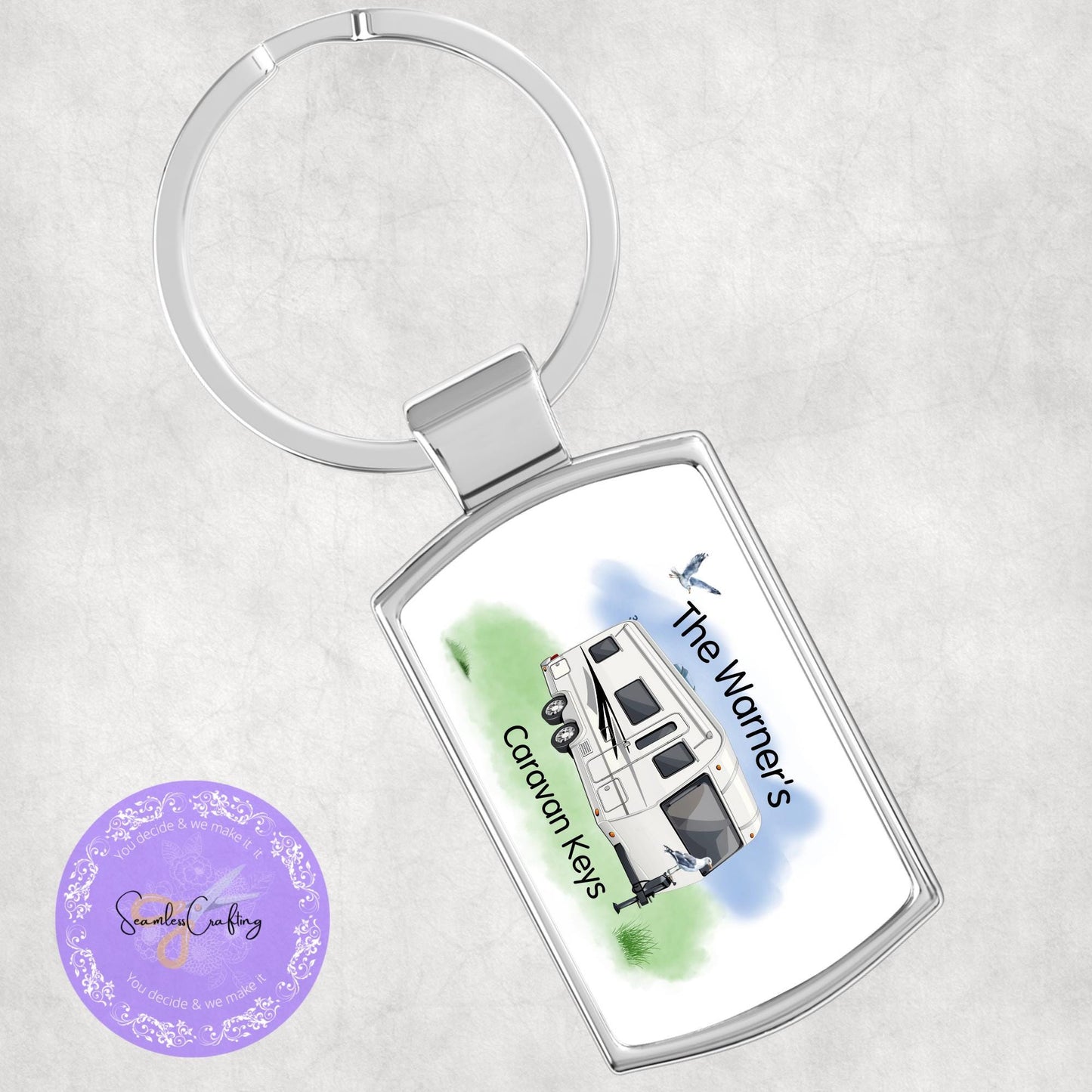 Personalised name Caravan keyring, Custom any text & names, Campervan holiday gift, housewarming gift, New Caravan present metal keyring