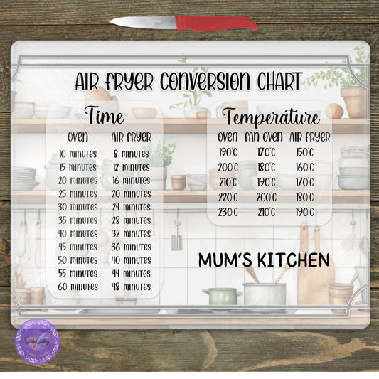 Personalised Glass Air Fryer Conversion Chart, Cooking lover gift, Tampered Glass, Baker, Chef cooking Aid, Customised Board, Birthday Gift