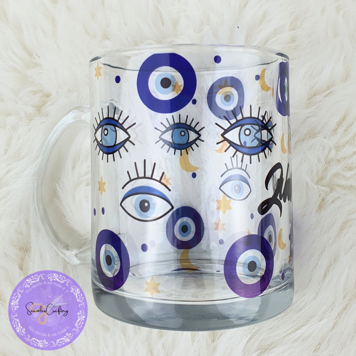 Personalised All-Seeing Eye Cup. Turkish Eye Protection, Spiritual Glass Cup Gift,  Clear Glass mug Evil Eye Style, Nazar, Hot drinks