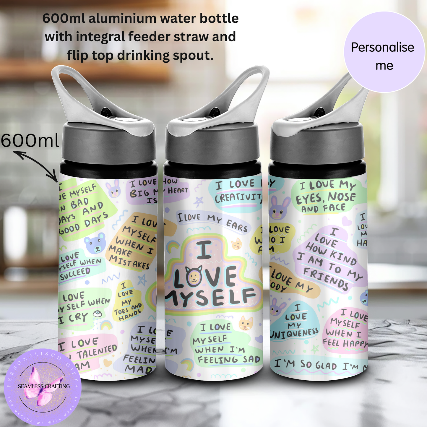 Personalised Kids Self Love Affirmation Water Bottle 600ml Aluminium BPA-Free with Straw