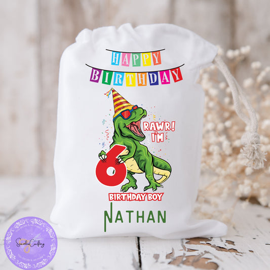 Personalised Name Birthday Gift Sack, Trex Toy Gift Bag, Happy Birthday Bag, Goodie Bag, Present Bag, Toddler, Storage Toy Bag, Unisex Bag