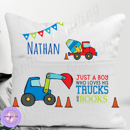 Personalised Boys Reading Cushion – Custom Name Trucks and Books Pillow with Pocket – Storytime Cushion for Kids Bedroom