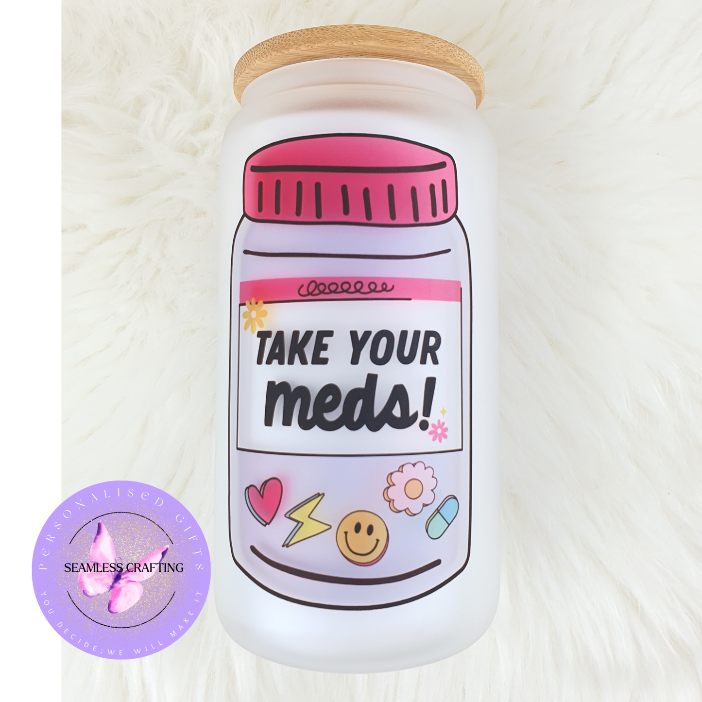 cute take your meds aesthetic glass cup pastel design self care tumbler