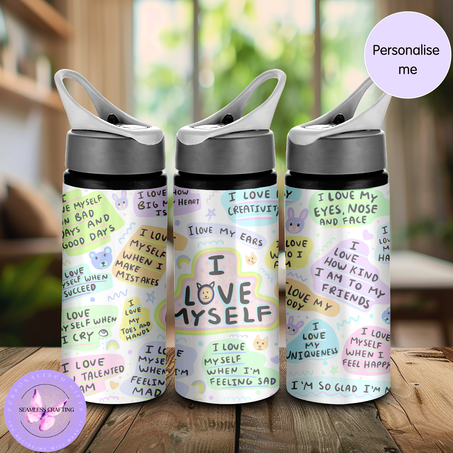 Personalised Kids Self Love Affirmation Water Bottle 600ml Aluminium BPA-Free with Straw