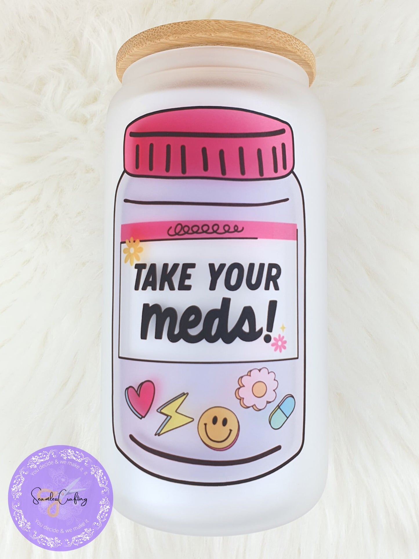 Personalised take your meds glass cup, happy pills mug, funny novelty cold coffee, libbey cup, Bamboo lid, Medication reminder
