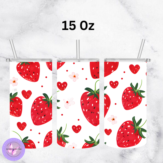 Sweet Strawberry Tumbler or Shimmer Glass Cup – 15oz / 20oz Stainless Steel or 16oz Libbey Glass – Summer Fruit Drinkware with Straw & Lid