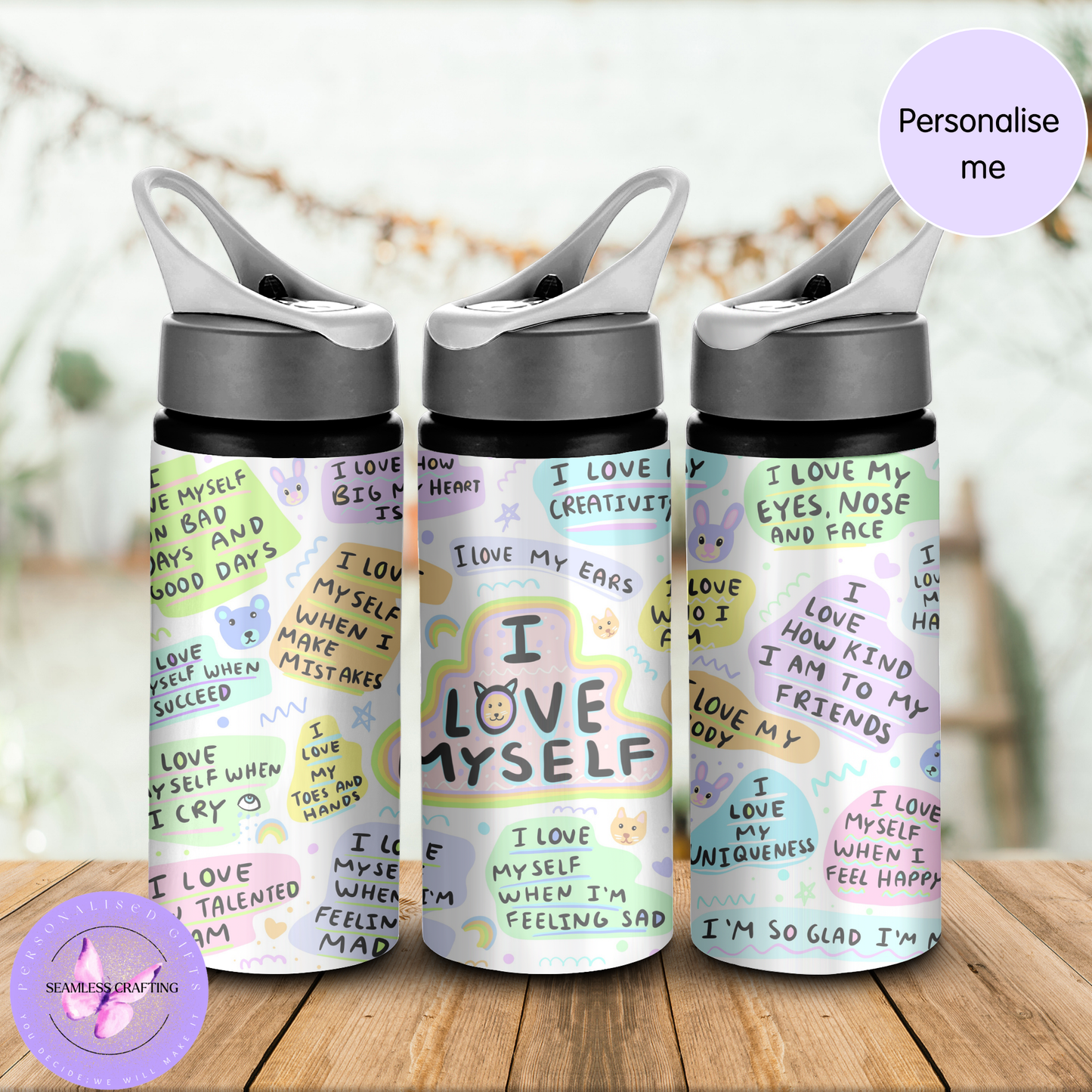 Personalised Kids Self Love Affirmation Water Bottle 600ml Aluminium BPA-Free with Straw