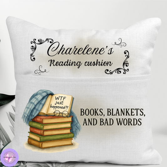 Personalised “BOOKS, BLANKETS AND BAD WORDS” Cushion – 40x40cm with Hidden Zip & Pocket – Funny Gift for Book Lovers & Reading Nooks