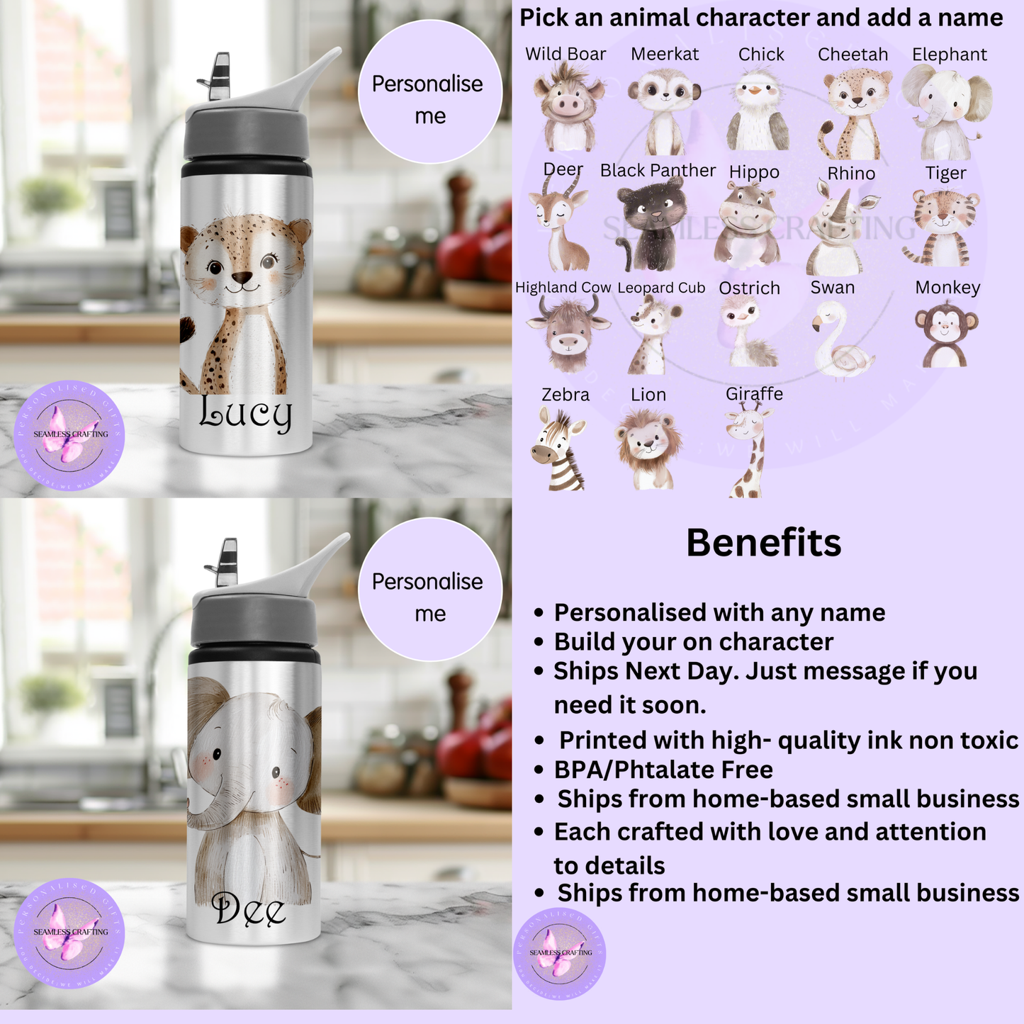 Personalised Kids 600ml Water Bottle – Cute Animal Characters | Custom Name Stainless Steel Bottle