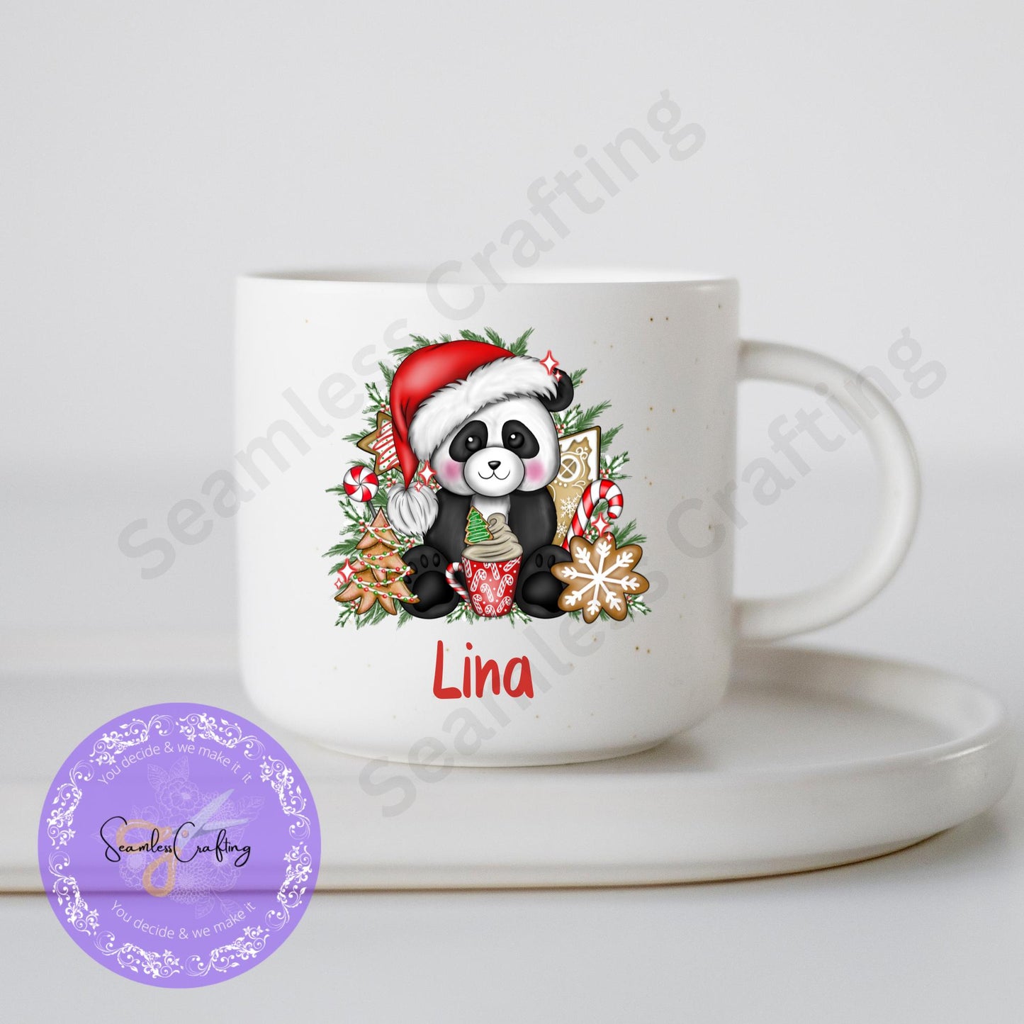 Personalised Christmas Panda, Children's unbreakable cup, 6 0z &12 oz Christmas movie mug, Hot chocolate mug, Pink, Red Panda, Add any name